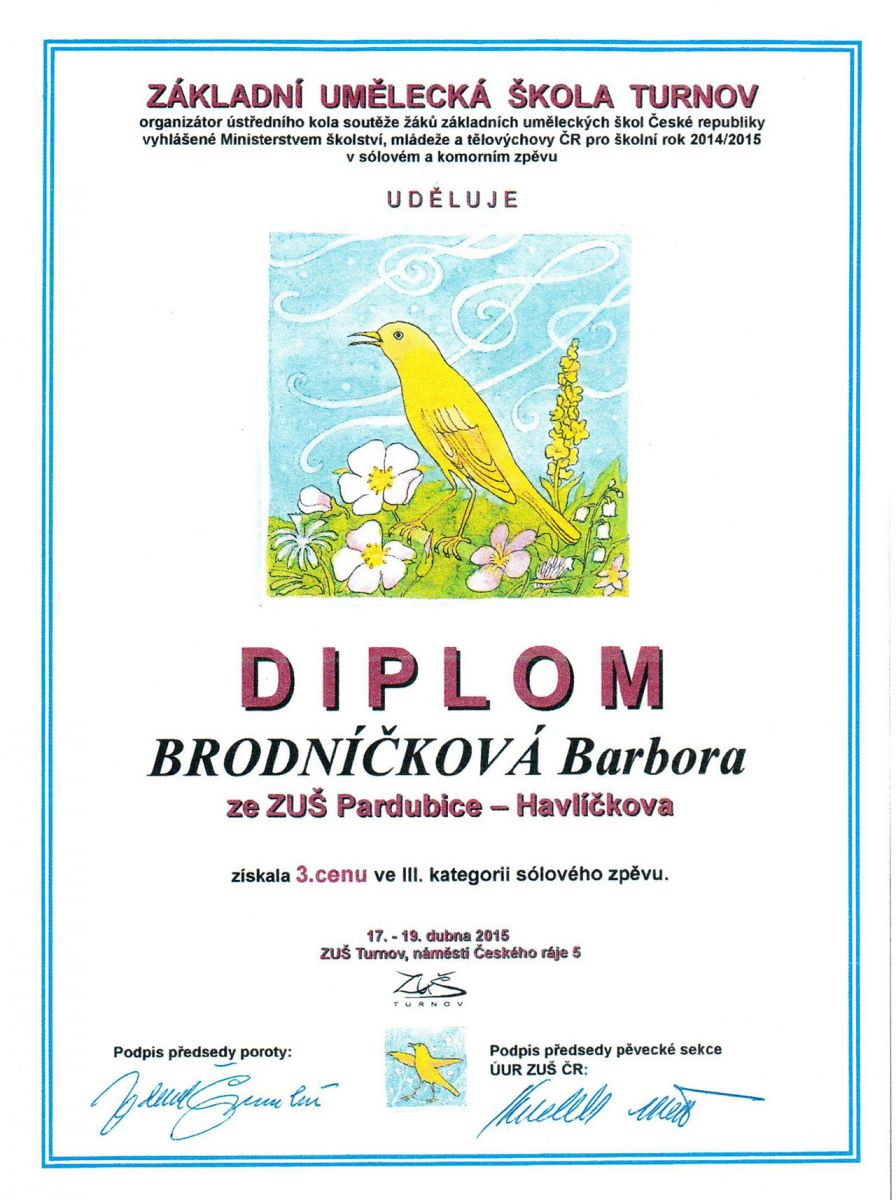 Diplom - Ústřední kolo soutěže ZUŠ - 3. místo - Barbora Brodníčková