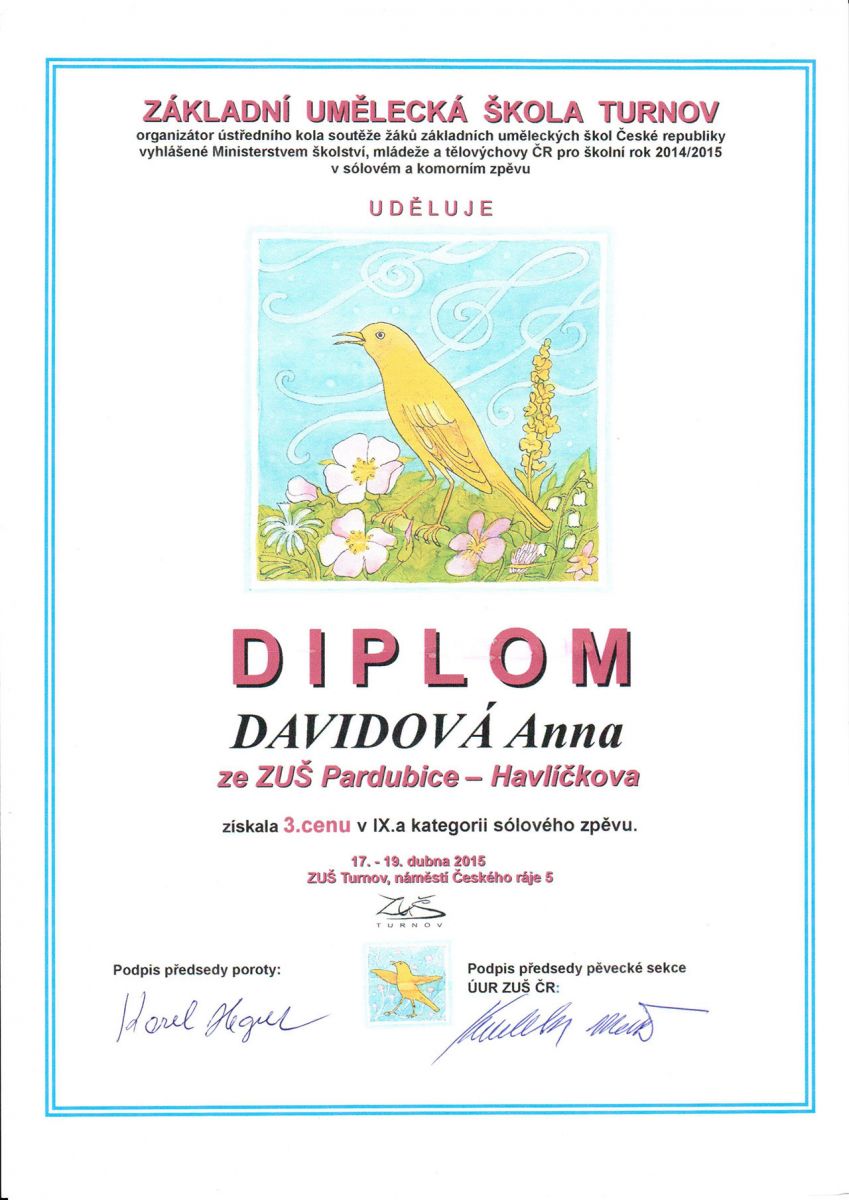 Diplom - Ústřední kolo soutěže ZUŠ - 3. místo - Anna Davidová