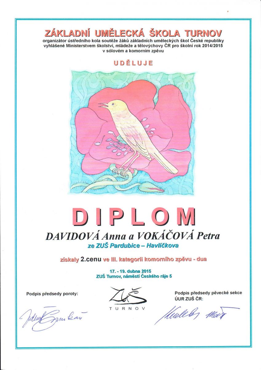 Diplom - Ústřední kolo soutěže ZUŠ - 2. místo - Davidová, Vokáčová